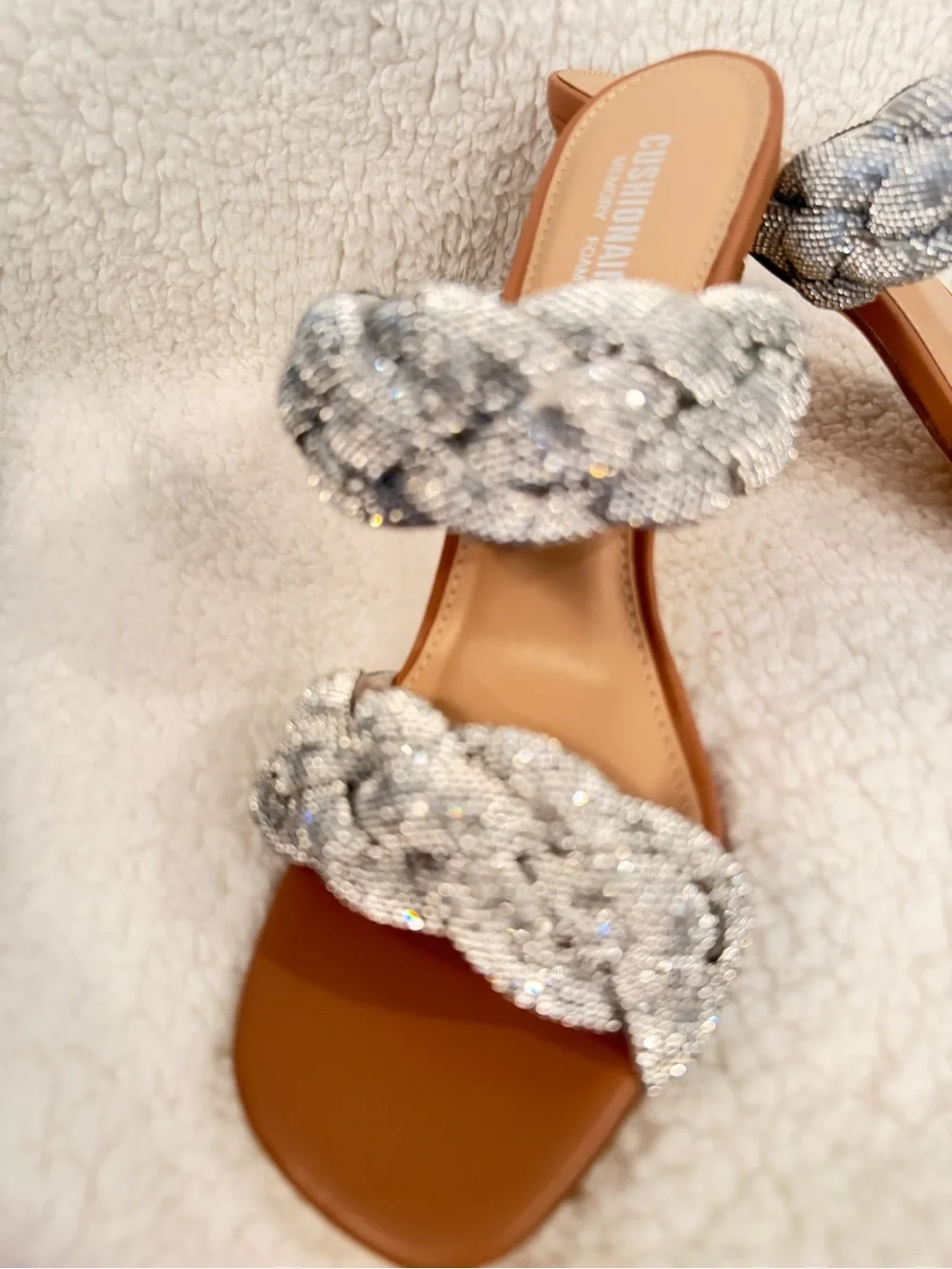 Braided Crystal Double-Strap Heeled Sandals - Silver/Tan size 7